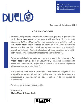 Grupo Duelo informa detalles de su accidente. | Especial