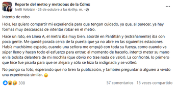 Usuaria reporta que fue empujada por una mujer: una forma de robo | Facebook
