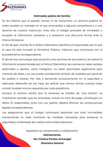 En la circular se garantiza que el colegio continuará con sus actividades normales pero se dará también la seguridad a estudiantes. | Maru Alvarado