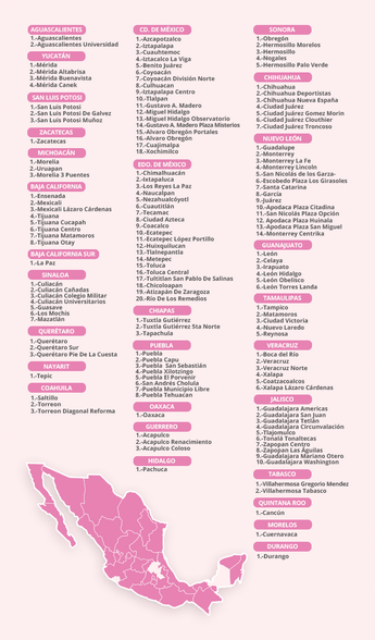 Mapa con clínicas de Salud Digna en México.