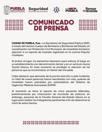 Comunicado del Gobierno de Puebla, luego del ataque al Bar "La Coss" / Redes Sociales