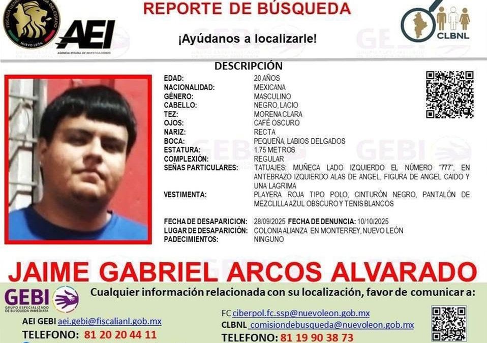 Las autoridades activaron un reporte de búsqueda tras la desaparición de Jaime Gabriel Arcos Alvarado. | Especial