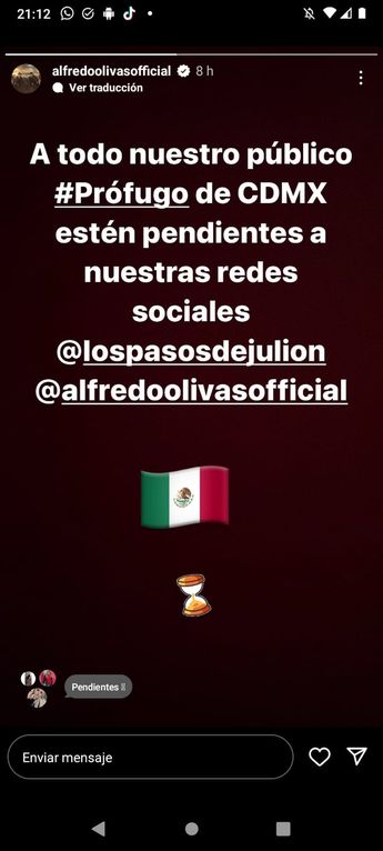 Historia de Alfredo Olivas en Instagram.