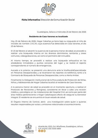 El Dif Jalisco informó que el menor fue localizado sano y salvo | Dif Jalisco