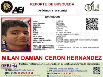 Ficha de búsqueda de Milán Damián Cerón Hernández. | Cortesía