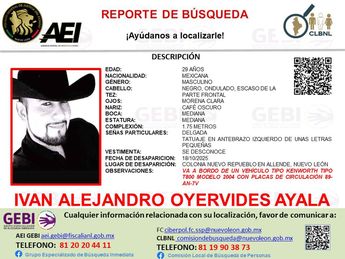 La Fiscalía de Nuevo León activó un reporte de búsqueda para localizar a Iván Alejandro Oyervides Ayala. | Especial
