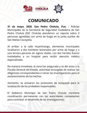 Comunicado de San Pedro Cholula, luego del ataque armado / Gobierno de Cholula