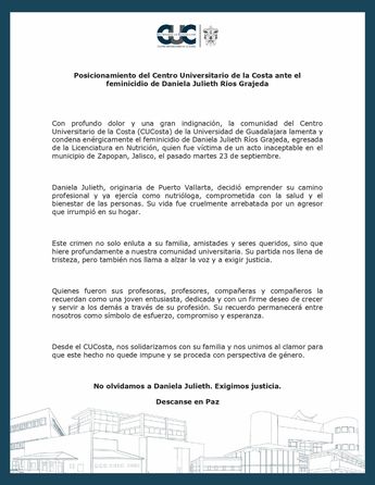 Comunicado de CUCosta sobre feminicidio de Daniela. | @CUCosta via X.
