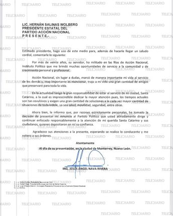 Carta de renuncia al PAN del alcalde de Santa Catarina. / Especial