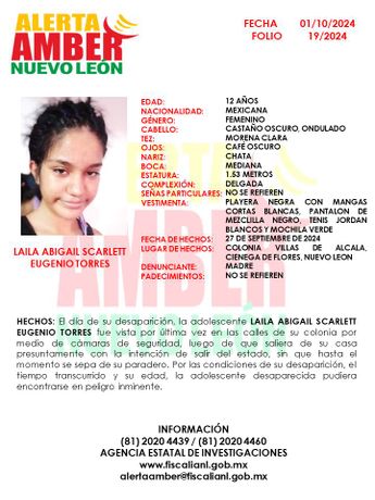 a Fiscalía de Nuevo León emitió una alerta Amber por una menor de 12 años desaparecida / Especial