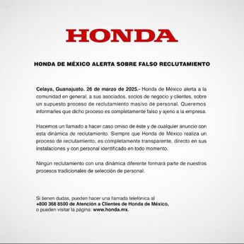 Comunicado oficial de Honda México | Especial