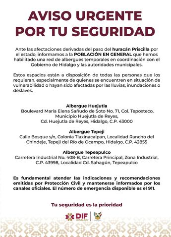 Las autoridades instalaron albergues para los damnificados en Hidalgo | Facebook