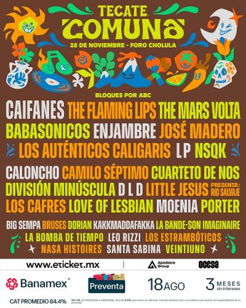 Caifanes, The Flaming Lips, Babasónicos y Enjambre son las bandas que protagonizarán la edición 2026 del Tecate Comuna / Facebook: Tecate Comuna