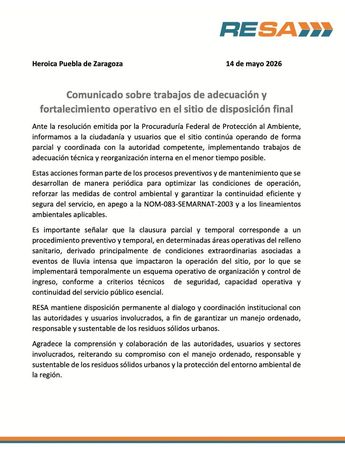 Comunicado de RESA sobre las acciones que tomará luego de la clausura del relleno sanitario / RESA