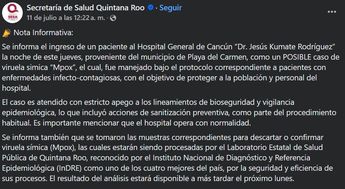 Comunicado emitido por autoridades de Quintana Roo sobre el caso de Mpox | Secretaría de Salud de Quintana Roo vía Facebook