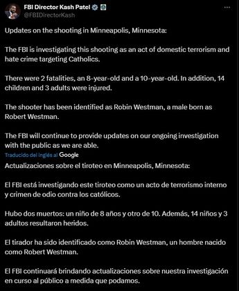 Dos niños fallecieron y 17 personas resultaron heridas en un ataque calificado como terrorismo doméstico. | X: FBI Director Kash Patel