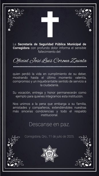 La Secretaría de Seguridad Pública de Corregidora identificó al elemento asesinado en un ataque armado. Foto: X @SSPMCORREGIDORA