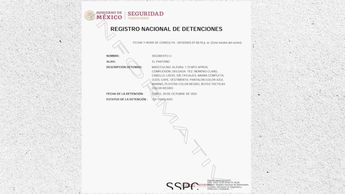 Registro Nacional de Detenciones de Rigoberto 'L', alias "El Pantano".| Foto:Secretaría de Seguridad y Protección Ciudadana (SSPC)