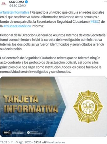 En su comunicado, la SSC capitalina reiteró que no tolerará ningún acto contrario a los protocolos de actuación policial | X: @SSC_CDMX