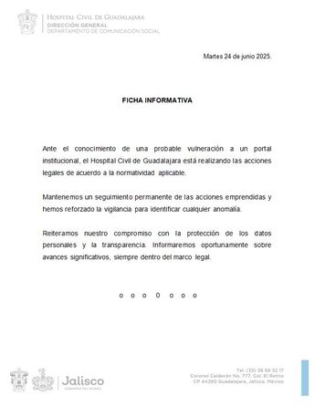 Comunicado oficial por parte del Hospital Civil de Guadalajara tras el hackeo | Hospital Civil de Guadalajara