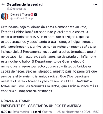 El Comando de Estados Unidos para África detalló en un comunicado que los ataques en Nigeria se llevaron a cabo en Sokoto. | SS Truth Social