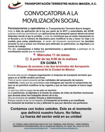 Comunicado de taxistas donde anuncian bloqueos en el AICM para el miércoles 11 de marzo del 2026. / Redes sociales