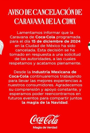 Comunicado de Coca-Cola sobre cancelación de Caravana en CdMx / Instagram @CocaColaMx