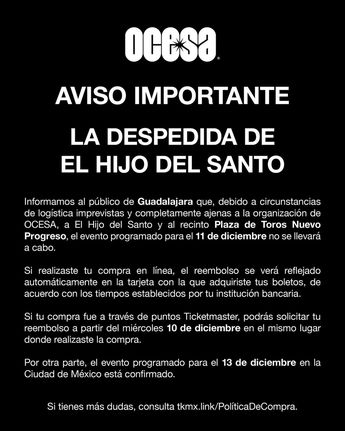 Ocesa confirmó la cancelación de la función de lucha libre a cinco días de realizarse. | OCESA