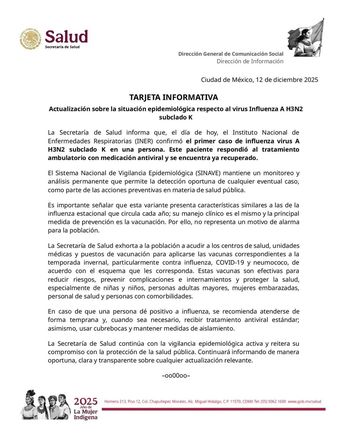 La SSA resaltó que esta variante presenta características similares a las de la influenza estacional. / Secretaría de Salud de México