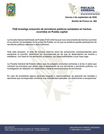 La Fiscalía de Puebla emitió un comunicado advirtiendo posibles sanciones contra sus agentes / X: @TelediarioPUE