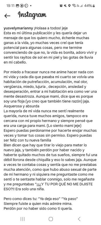 En un mensaje a través de Instagram, así se despidió Yusvely antes de morir / Especial