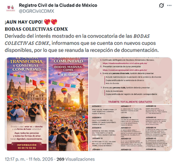 ¡Aún hay cupo! Registro Civil abre registro a bodas colectivas en CdMx | X Registro Civil