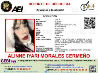 Reporte de búsqueda de Alinne Iyari Morales Cermeño de 19 años. | Cortesía