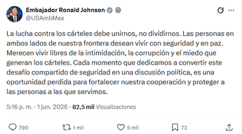 El embajador de Estados Unidos en México, Ronald Johnson, se pronunció a través de su cuenta de X. | X @USAmbMex