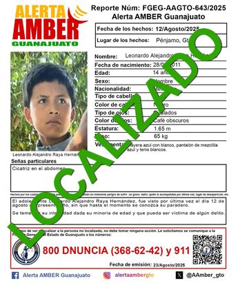 Leonardo Alejandro, de 14 años fue localizado con vida. Foto: X: Alerta Amber.