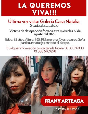 En caso de cualquier información sobre Frany Arteaga, favor de contactarse con la Fiscalía. | Imagen. @HectorXkamylla vía X