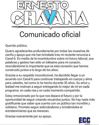 Ernesto Chavana acuerdo al que llegó con Canal 6 | Especial