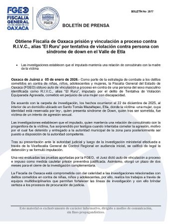 Fue el pasado 5 de enero que la Fiscalía de Oaxaca notificó la detención del hombre en la capital del estado / Cortesía