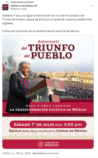 Invitación del Gobierno de México a la celebración del quinto aniversario de la victoria de AMLO/ Twitter @GobiernoMx