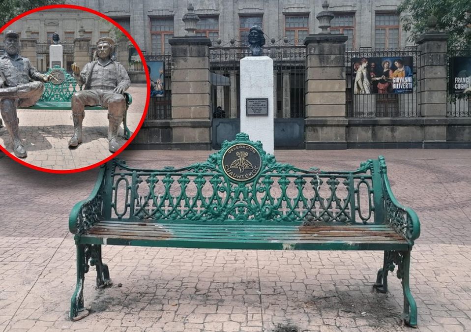 En el Jardín Tabacalera permanece la banca donde estaban las esculturas, ya sin ellas | Jorge Becerril