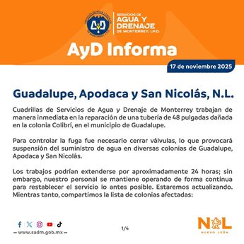 Agua y Drenaje de Monterrey podrían extenderse por aproximadamente 24 horas. | FB Agua y Drenaje