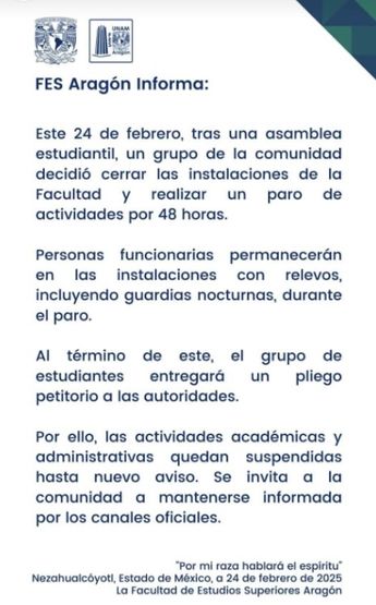 La FES Aragón informó que los funcionarios permanecerán en las instalaciones tras el paro | FES Aragón UNAM