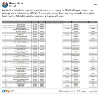 El mensaje de Hasam Hierro apareció en su cuenta de Facebook, aclarando que NO estaba en el Semefo como decía la lista / Cortesía