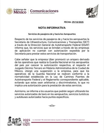 SICT informó que los pasajeros pueden hacer uso de los taxis autorizados para operar en el aeropuerto | X @SICTmx