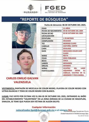 Carlos Emilio Galván desapareció alrededor de las 2:00 de la mañana, les dice que va a ir al baño y ya no regresó en Mazatlán.