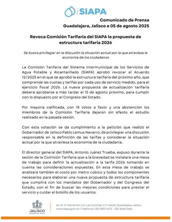 Siapa confirmó la revocación del aumento por medio de un comunicado. | X: @siapagdl