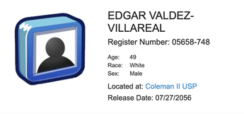 Edgar Valdez Villarreal aparece en custodia en el registro del Buró Federal de Prisiones de Estados Unidos. | Cortesía