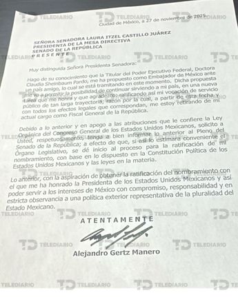 Carta que presentó Alejandro Gertz Manero al Senado de la República. / Telediario