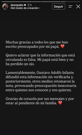 Aclaración sobre César Bono: Su hijo Leonardo tacha de falsa la noticia difundida en televisión.