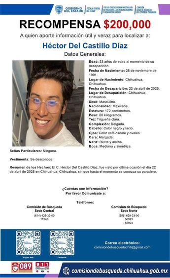 Héctor mide un metro y 72 centímetros, pesa 60 kilogramos, es de tez trigueña clara, complexión delgada.